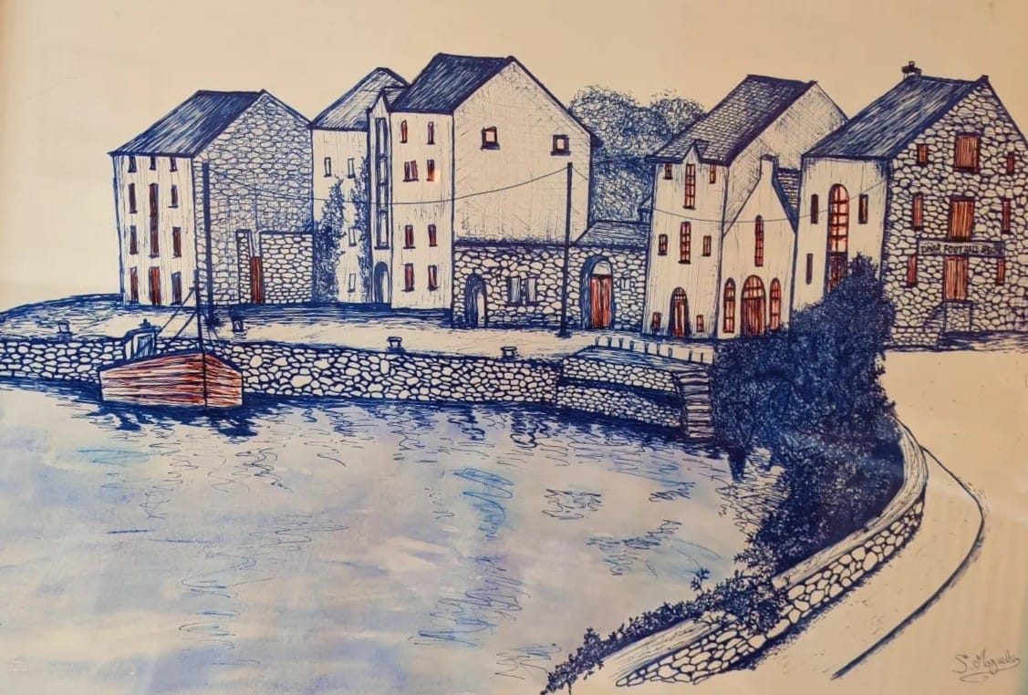 Painted picture of Rameltons Shore Road with houses and the river Lennon